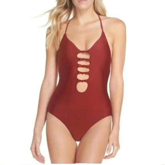 Becca Virtue Love Letter Knotted Cut Out Low Back One Piece Swimsuit XL Maroon - Picture 1 of 8